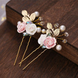 2pcs Pink Crystal Flower Leaf Hair Clips Ancient Style Hanfu Accessories