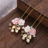 2pcs Pink Crystal Flower Leaf Hair Clips Ancient Style Hanfu Accessories