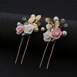 2pcs Pink Crystal Flower Leaf Hair Clips Ancient Style Hanfu Accessories
