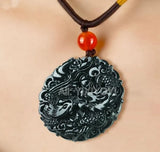2pcs Natural Green Stone Jade Carved Dragon Phoenix Pendant Necklace