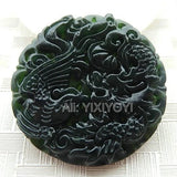 2pcs Natural Green Stone Jade Carved Dragon Phoenix Pendant Necklace
