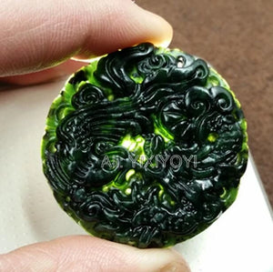 2pcs Natural Green Stone Jade Carved Dragon Phoenix Pendant Necklace