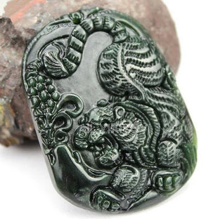 2pcs Green Jade Carved Chinese Tiger Amulet Pendants + Rope Necklace