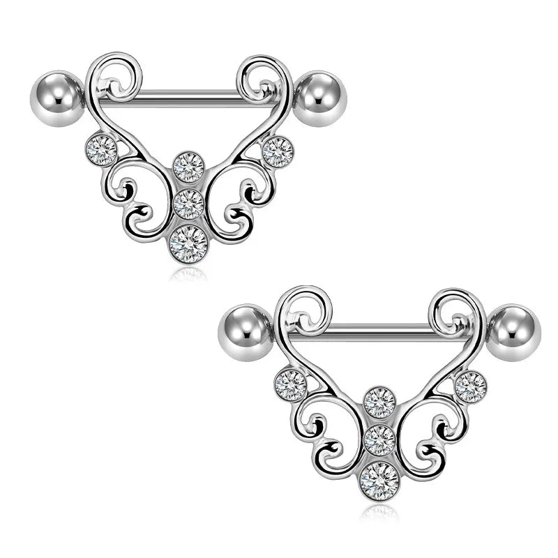 2pcs Women Titanium Nipple Piercing 14G Heart Barbell Lace Nipple Shield Flower