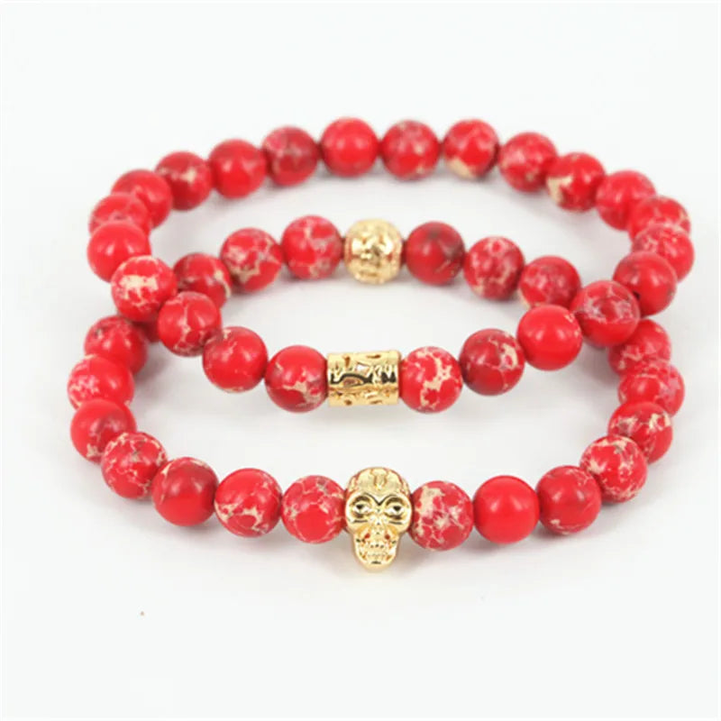 Beaded Skull Head Men Bracelet Regalite Stone Beads