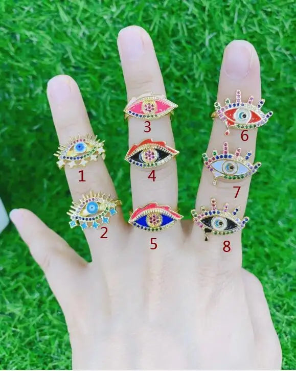 2pcs CZ Crystal Chunky Eye Women Rings Enamel Opening Ring