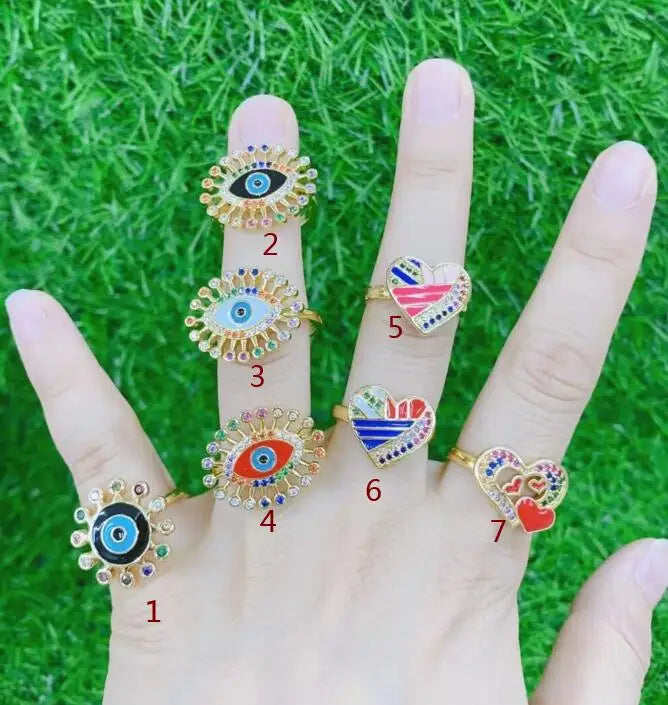 2pcs Heart Eye CZ Crystal Chunky Rings Enamel Opening Ring