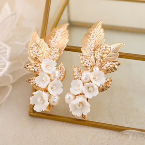 Ceramic Flower Hairpins Leaf Pearl Hair Clips Wedding Bridal Accessories