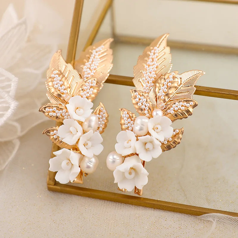 Ceramic Flower Hairpins Leaf Pearl Hair Clips Wedding Bridal Accessories