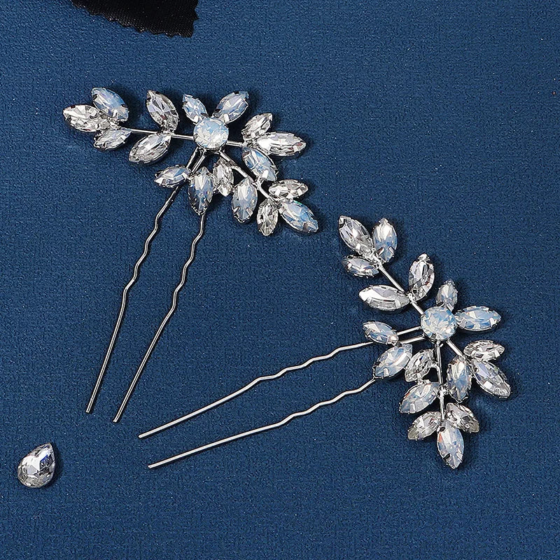 Crystal Leaf Hair Pins Forks Women Bridal Wedding Hair Accessories
