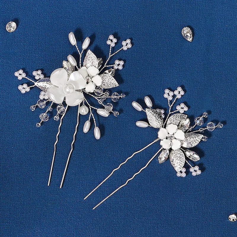 Crystal Flower Hair Pins Forks Jewelry Bridal Wedding Accessories Pearl