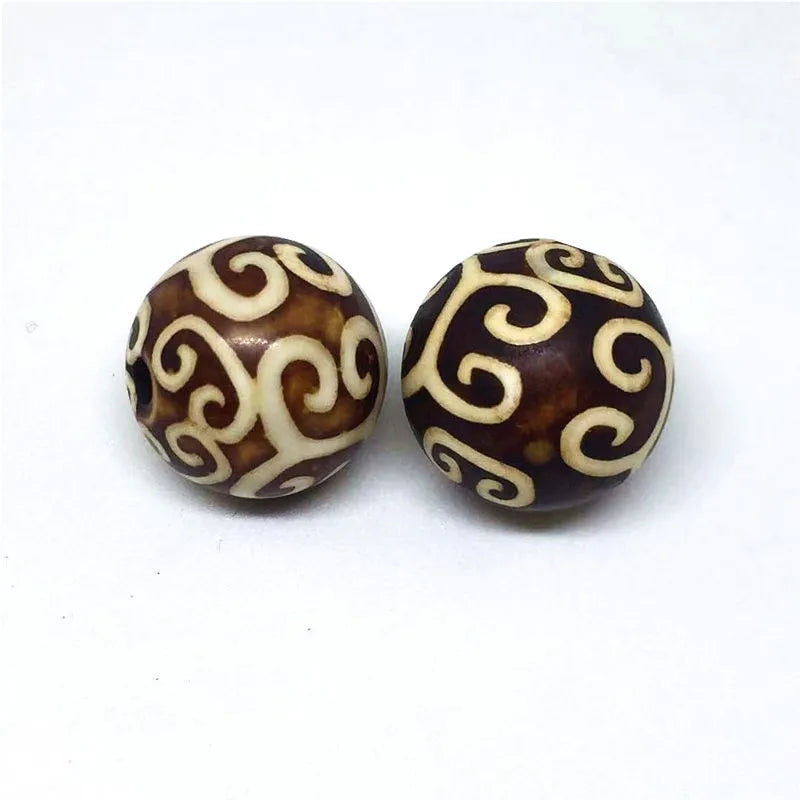 2pcs Tibetan Dzi Beads Natural Stone Lucky Cloud Patterns Round Shape