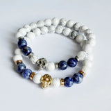 2pcs Men's Antique Silver Skull Yoga Bracelets Natural Howlite Beads Buddha Jewe