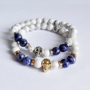 2pcs Men's Antique Silver Skull Yoga Bracelets Natural Howlite Beads Buddha Jewe