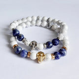 2pcs Men's Antique Silver Skull Yoga Bracelets Natural Howlite Beads Buddha Jewe