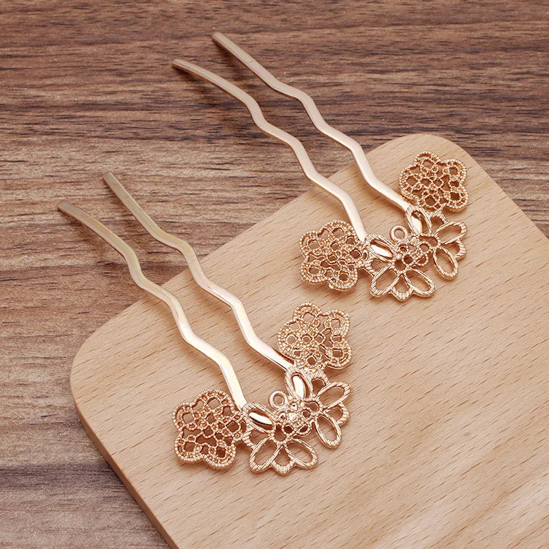 2pcs Metal Brass U Shape Hair Pins Flower Hair Forks