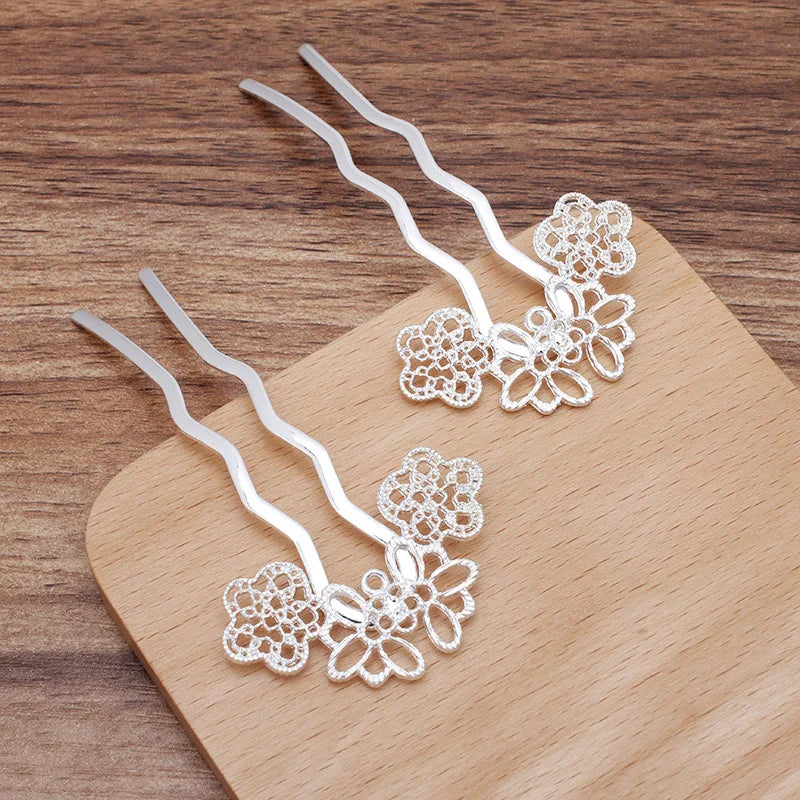 2pcs Metal Brass U Shape Hair Pins Flower Hair Forks
