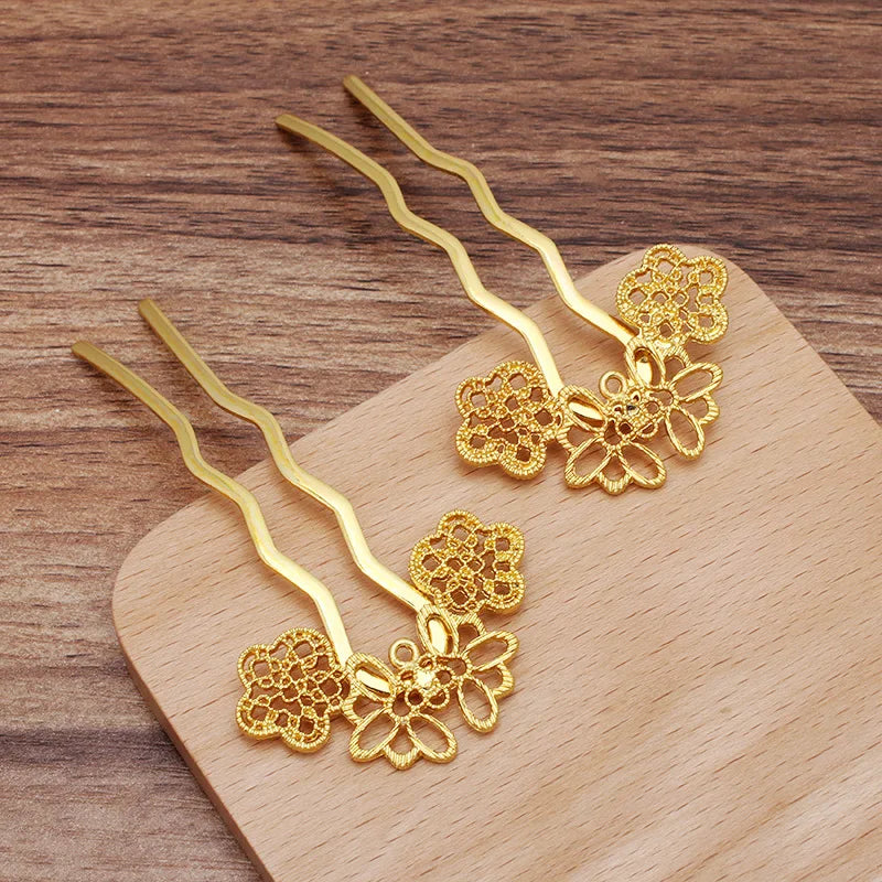 2pcs Metal Brass U Shape Hair Pins Flower Hair Forks