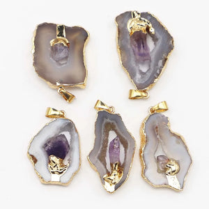 2pcs Grey Agate Druzy Amethysts Pendants Reiki Charms DIY