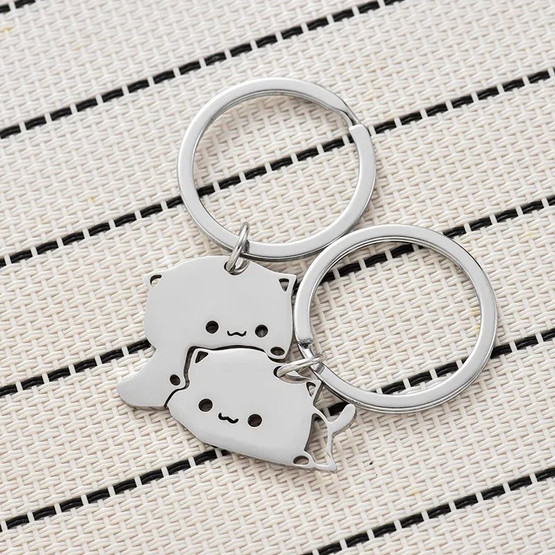 2pcs Stainless Steel Cat Keychain Couple Lover Matching Keyring Pendants