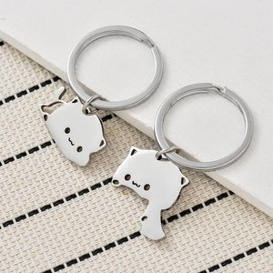 2pcs Stainless Steel Cat Keychain Couple Lover Matching Keyring Pendants