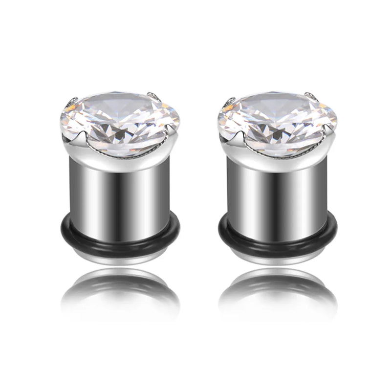2pcs Steel CZ Gem Screw Fit Ear Plug Gauges Piercings