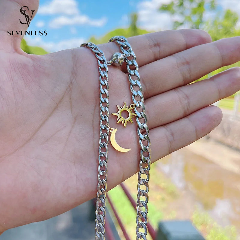 18K Plated Titanium Steel Sun Moon Couple Bracelet Set
