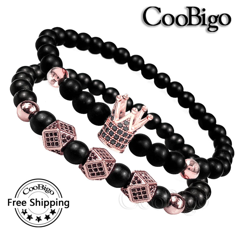 6mm Beaded Bracelets Charm Pave CZ Crown Rhombus Pendant Stone Bead Bracelets