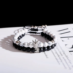 CZ Crown Couples Distance Bracelet Set Natural Stone Beaded Yoga Jewelry