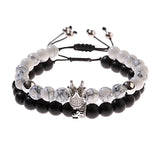 CZ Crown Couples Distance Bracelet Set Natural Stone Beaded Yoga Jewelry