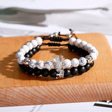 CZ Crown Couples Distance Bracelet Set Natural Stone Beaded Yoga Jewelry