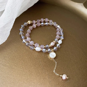 Purple Opal Crystal Charm Bracelet Set with Natural Pearl Shell Stone