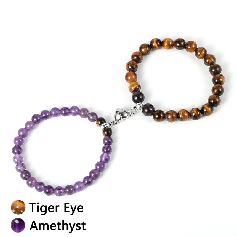 2pcs Couple Stone Bead Bracelet Heart Clasp Tiger Eye Crystal Bangle