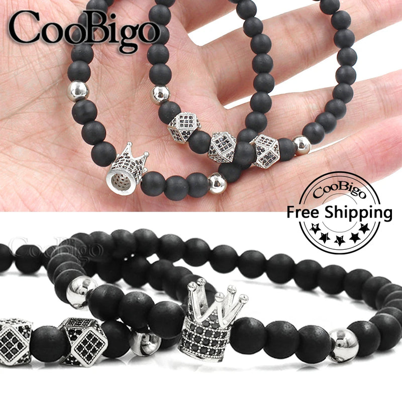 2pcs Crown Charm Bracelets Round Natural Stone Beads CZ Women Men 6mm