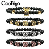 2pcs Crown Charm Bracelets Round Natural Stone Beads CZ Women Men 6mm