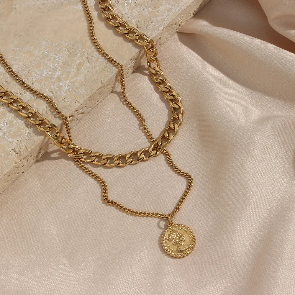 Vintage Cuban Chain Stainless Steel Coin Necklace For Women