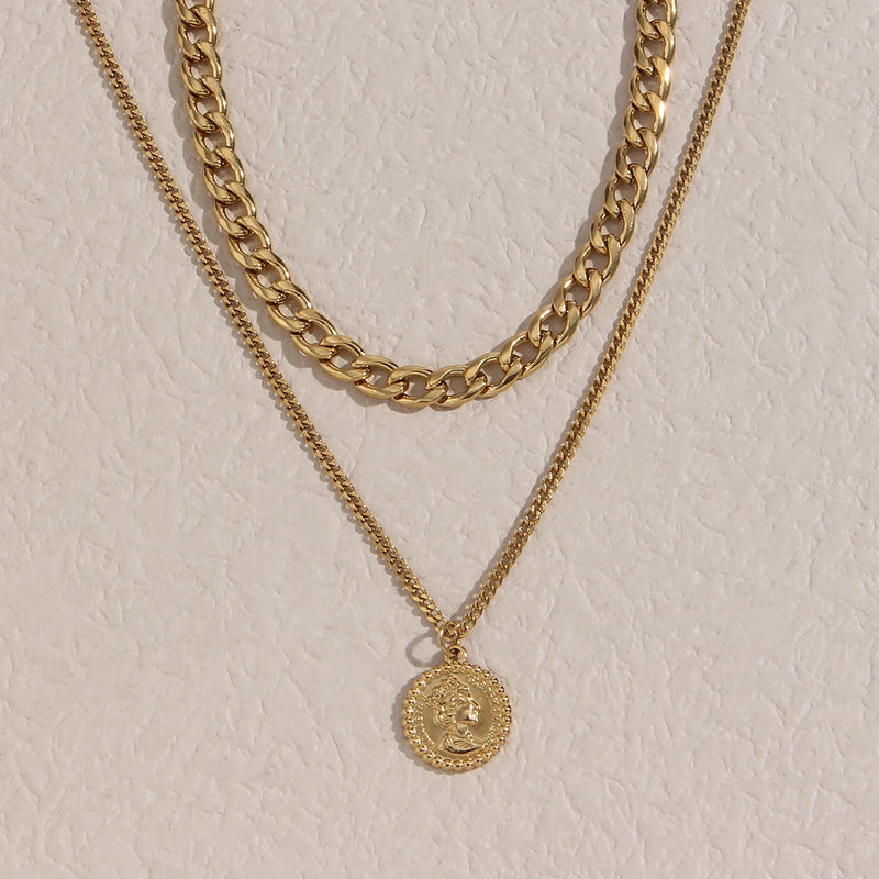 Vintage Cuban Chain Stainless Steel Coin Necklace For Women