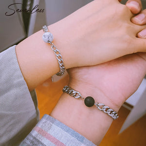 2pcs/set Natural Stone Bead Titanium Steel Bracelets Men Women Jewelry