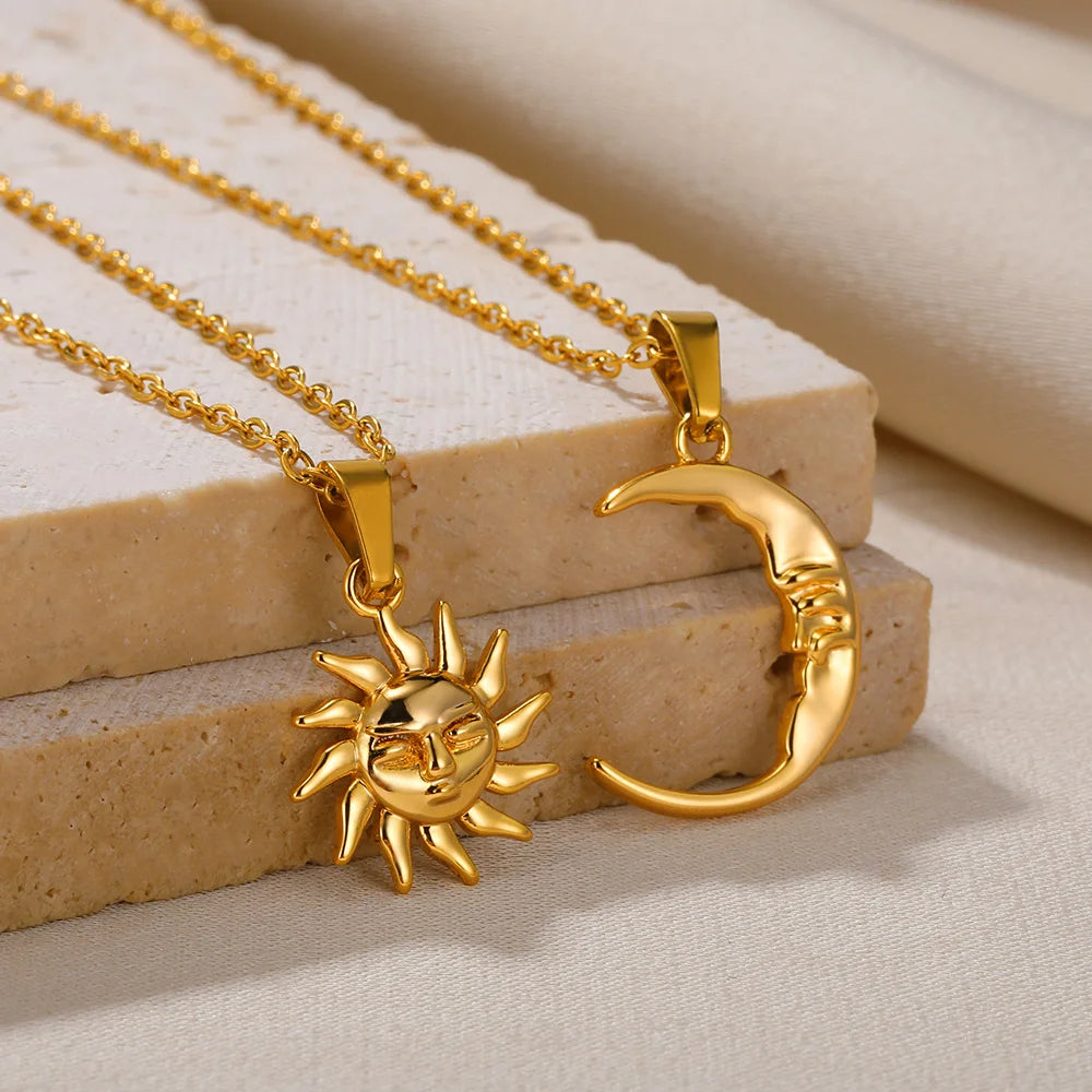2ps Sun Moon Pendant Necklace Stainless Steel Minimalist Jewelry Couples