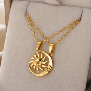 2ps Sun Moon Pendant Necklace Stainless Steel Minimalist Jewelry Couples