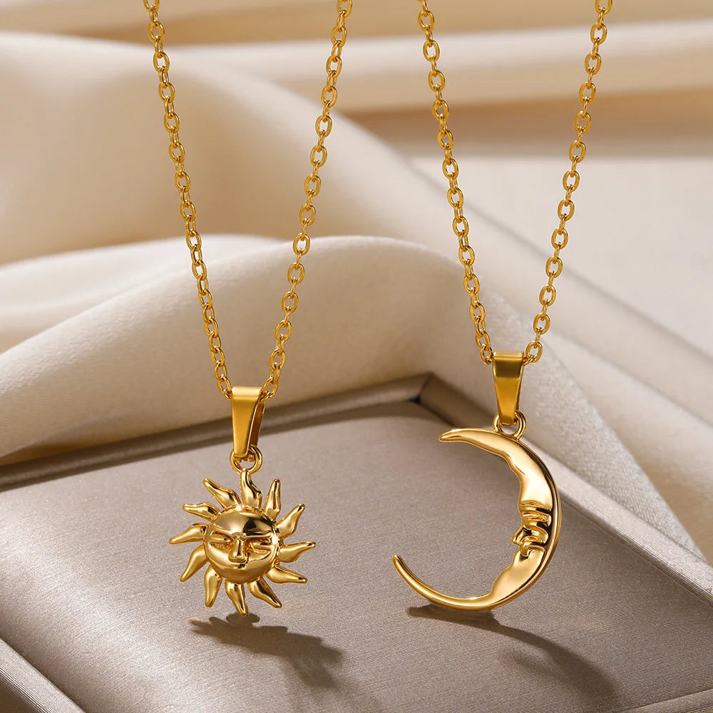 2ps Sun Moon Pendant Necklace Stainless Steel Minimalist Jewelry Couples