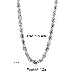 3/5/7mm Stainless Steel Rope Chain Necklace 18-22inch