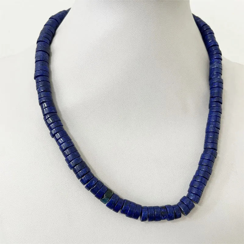 Lapis Heishi Necklace, Silver Natural Stone Gem Choker Collar