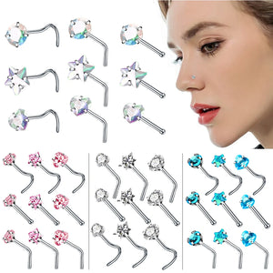 3/9pc CZ Crystal Nose Studs Nose Ring Set Stainless Steel Nostril Piercing