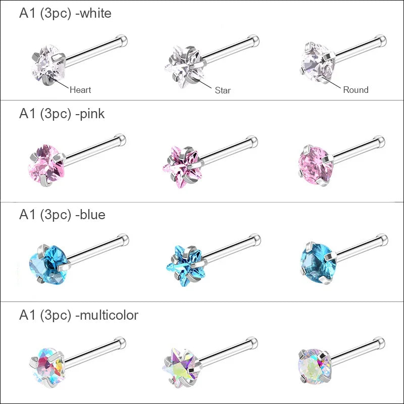 3/9pc CZ Crystal Nose Studs Nose Ring Set Stainless Steel Nostril Piercing