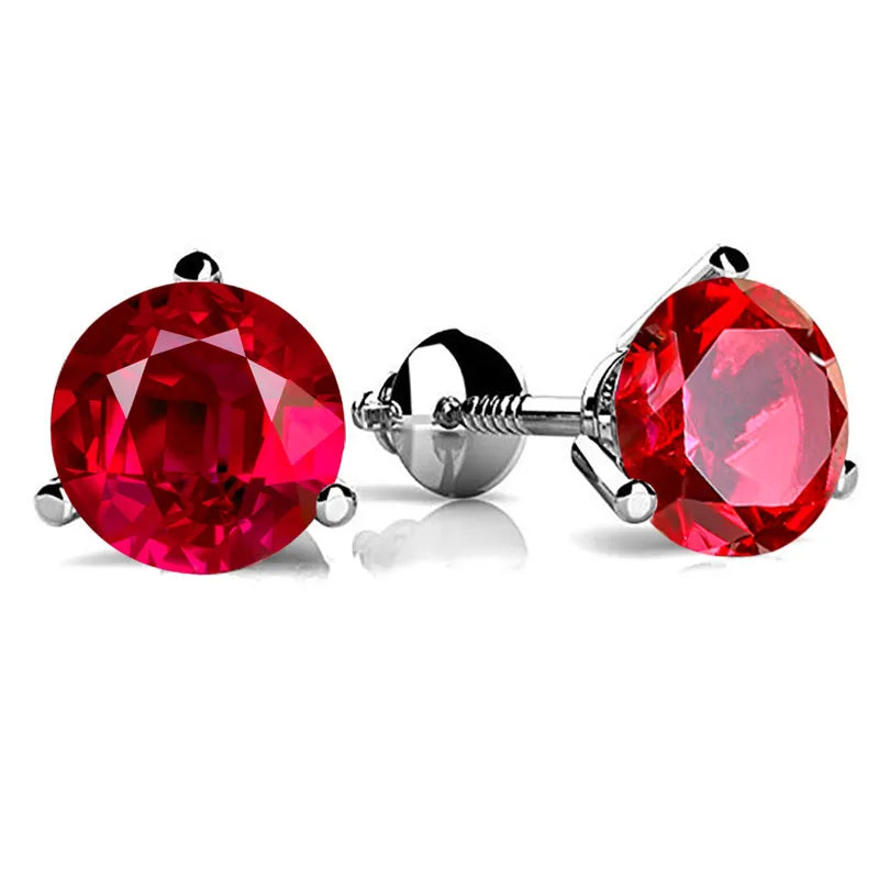 Round Red Crystal Zircon Stud Earrings 925 Silver Ruby Screw Back Jewelry