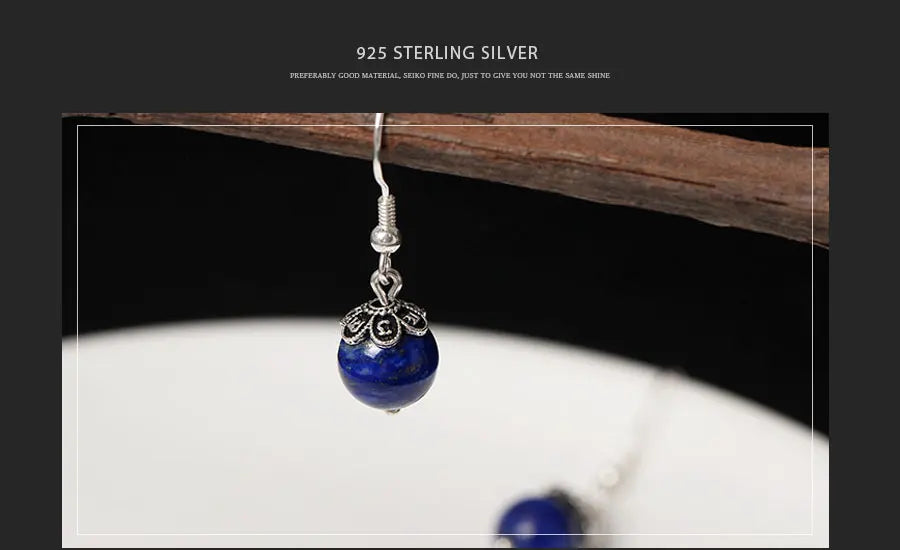 Natural Lapis Agate Drop Earrings Vintage Jewelry 925 Sterling Silver
