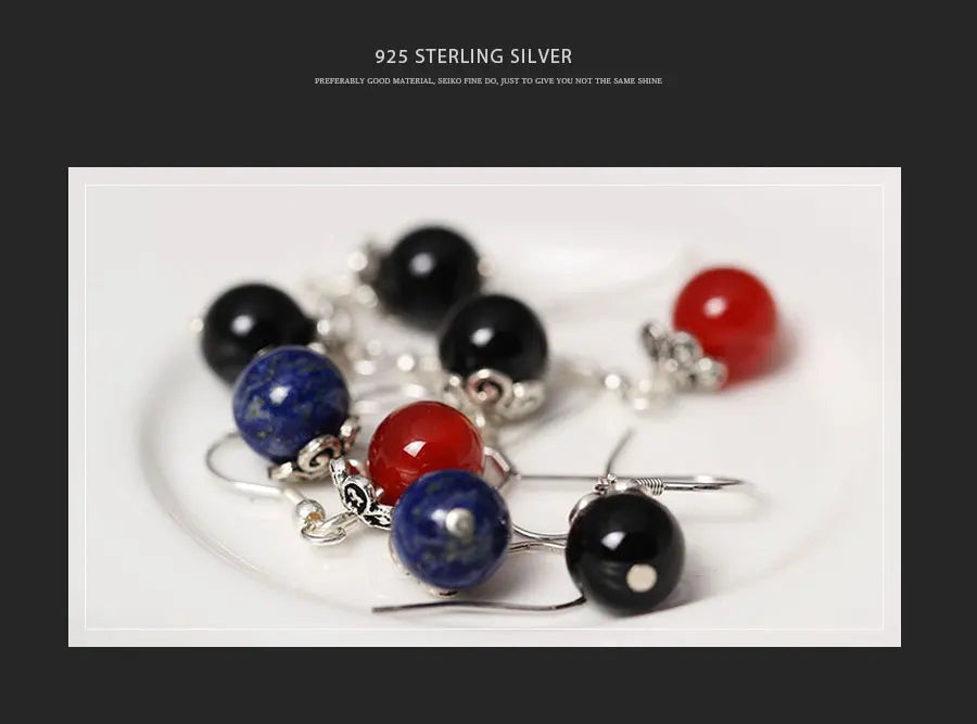 Natural Lapis Agate Drop Earrings Vintage Jewelry 925 Sterling Silver