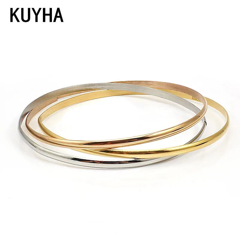 3 Smooth Wedding Bangle Set & Rose Silver Wire Bracelet