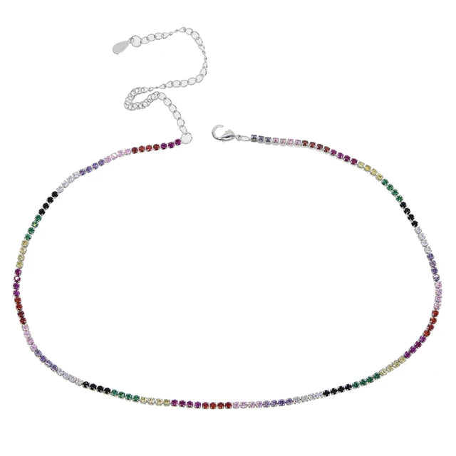 2mm Rainbow CZ Necklace Red CZ Tennis Chain Choker Silver Women Jewelry